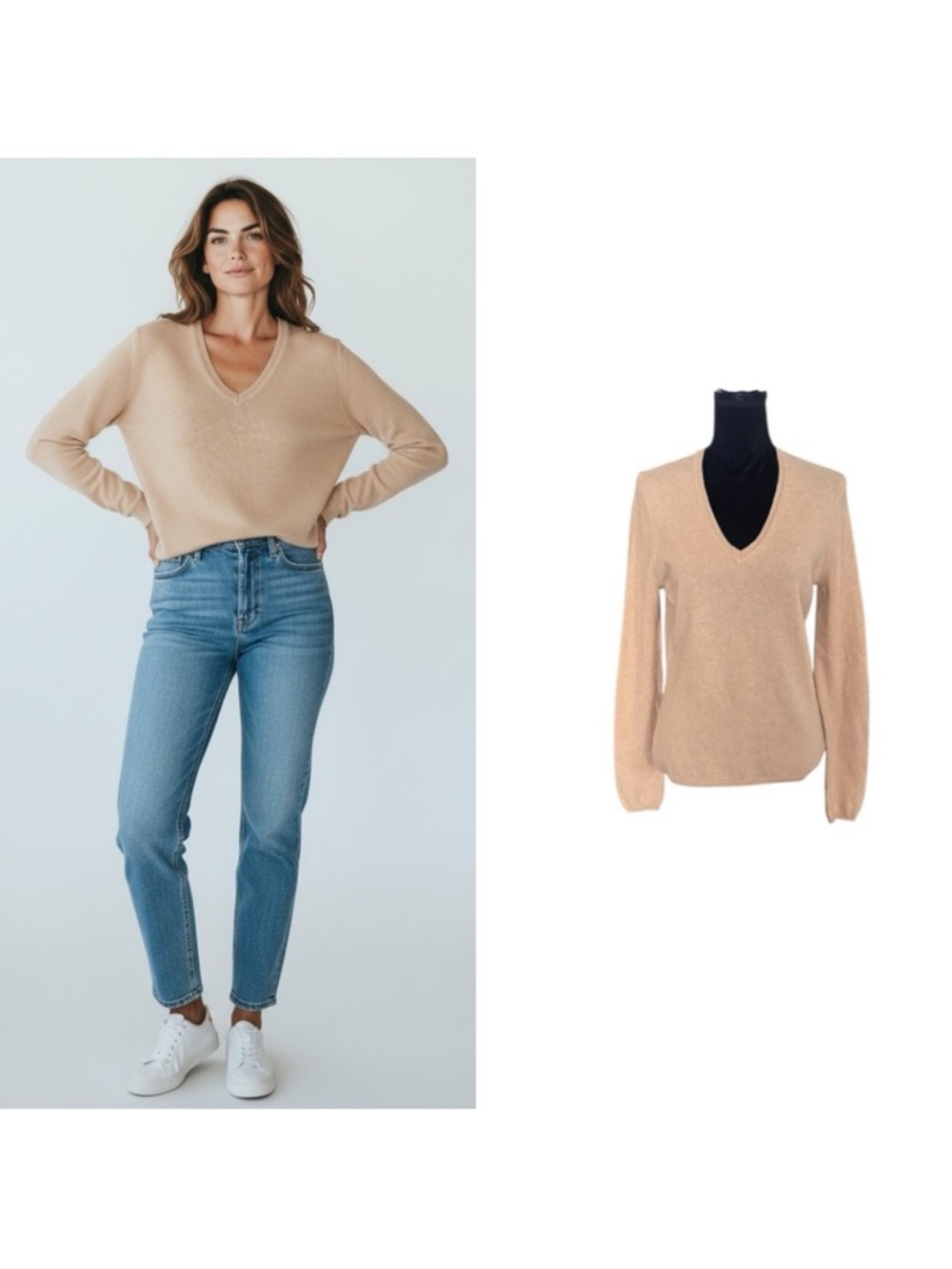 Lord & Taylor classic camel V neck cashmere knit long sleeve sweater size large